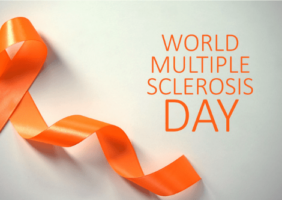 MS orange ribbon with World Multiple Sclerosis Day written beside it