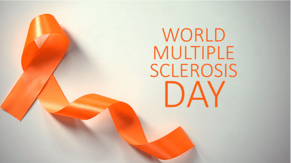 MS orange ribbon with World Multiple Sclerosis Day written beside it