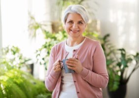 Elderly woman in kitchen enjoying a cup of tea