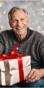 Elderly man sitting besdie the Christmas tree and holding a Christmas present