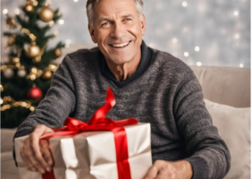 Elderly man sitting besdie the Christmas tree and holding a Christmas present